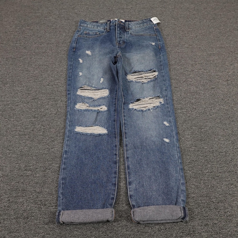 RSQ Jeans Womens 1 Blue Boyfriend Distressed Mid Rise Button Fly Denim Pants